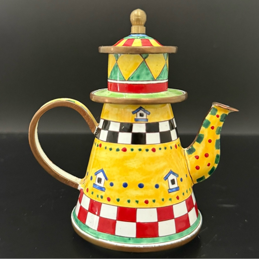 Vintage 2000 KELVIN CHEN Enamel on Copper Mini Lighthouse Teapot Trinket